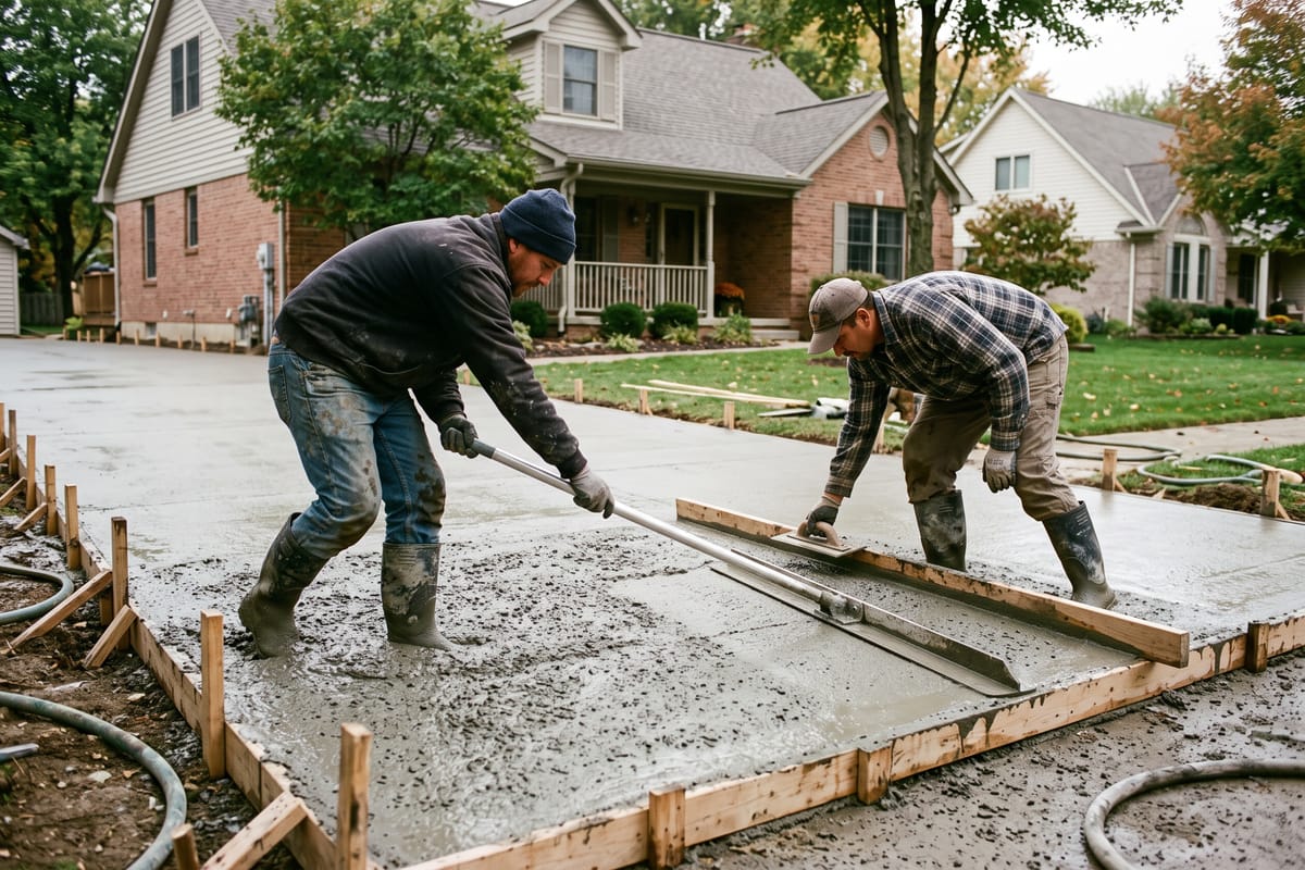 Concrete finishers floating a freshly poured driveway slab