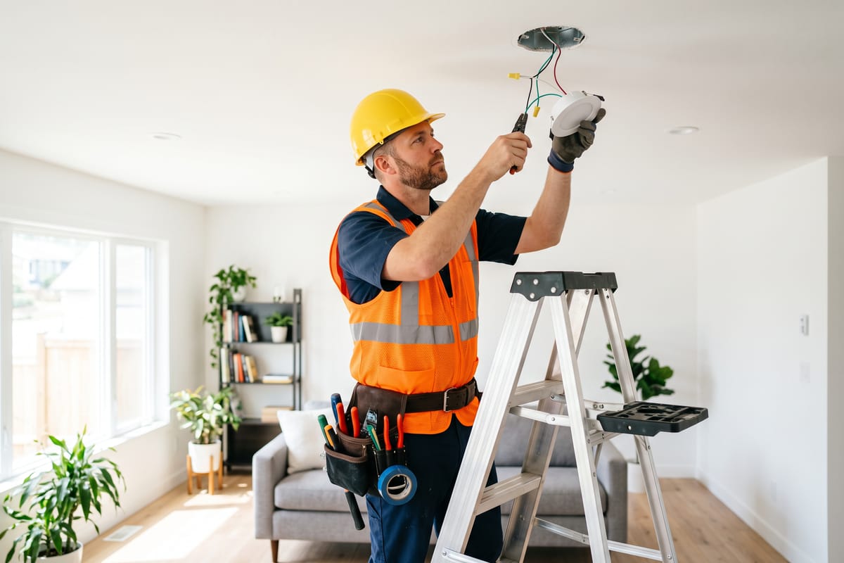 Electrician wiring a recessed ceiling light on a step ladder