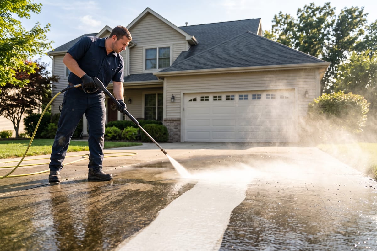 Worker pressure washing a concrete driveway clean