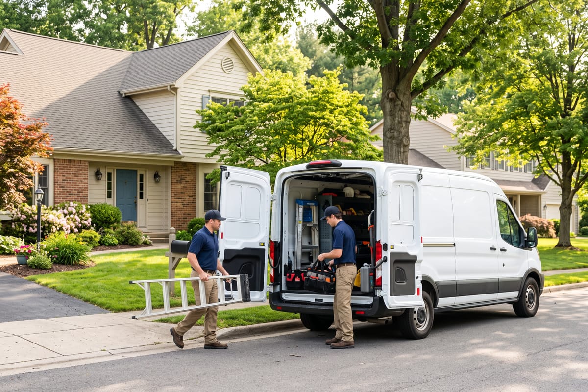 Contractor crew unloading tools from a work van outside a suburban home